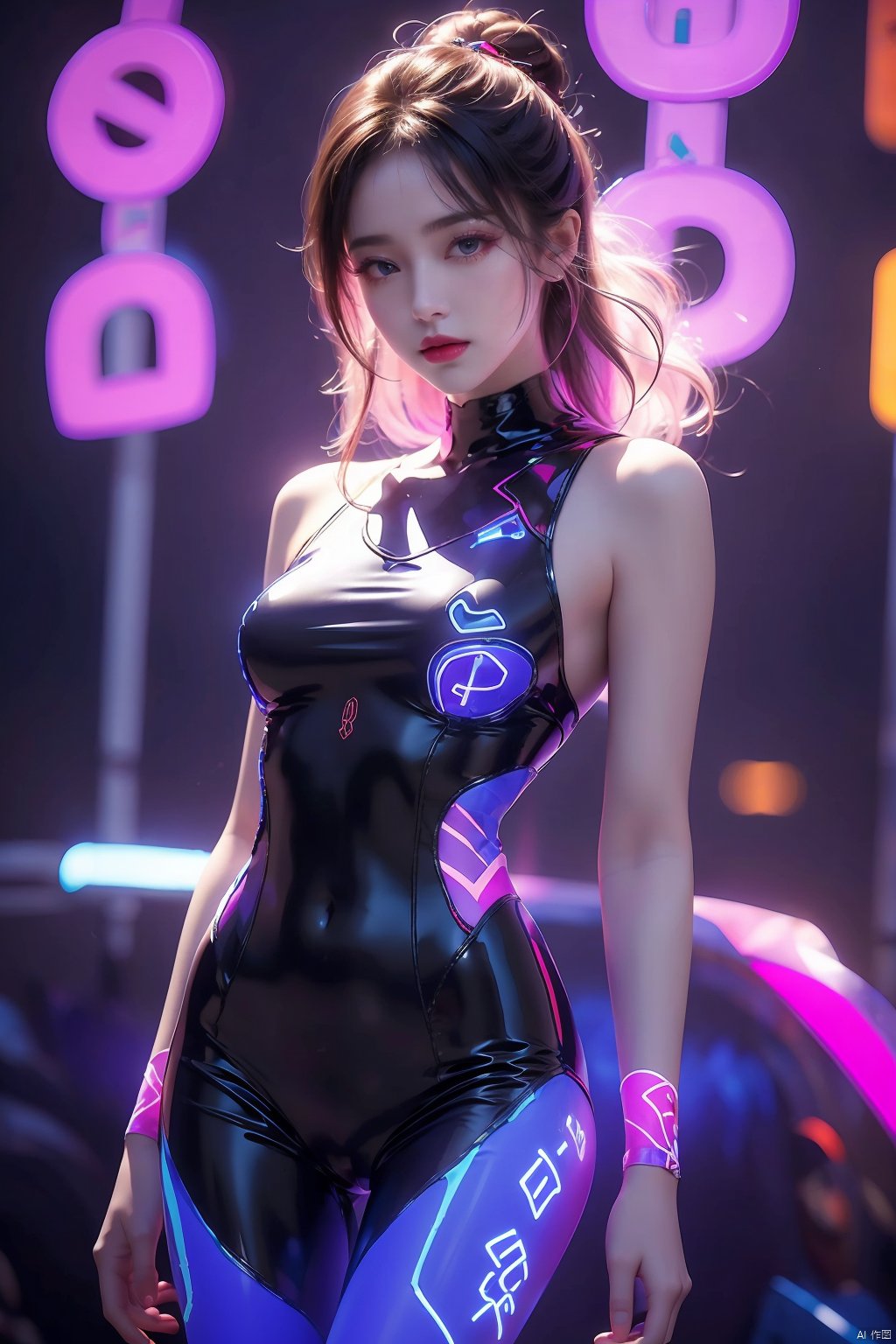  1girl,Latex clothing,glowing,lneon lamp,thigh