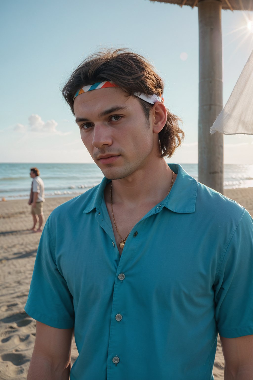 Minimalistic portrait of a 70s casual dress men at beach, expressionless, headband, 70s hairstyle, 70s fashion, striped shirt, sun rays, light teal and amber, soft hues, Cinestill 50D