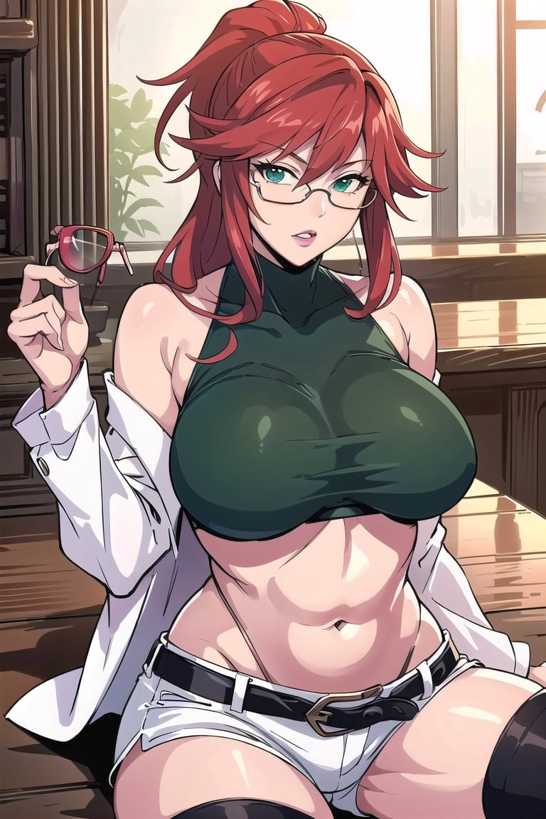 chaoscodehermes,
red hair, long hair, ponytail, lipstick,
pink_glasses:1.5), (glasses:1.5), (eyewear:1.5),
white_shorts,navel,white_long_sleeves,expose_the_shoulders,big_belt,green_crop_top,black_thighhighs,

sittting,cross legs,

---------------

(masterpiece),illustration,ray tracing,finely detailed,best detailed,Clear picture,intricate details,highlight,
photography,realistic, photorealistic,anime,

gothic architecture,
looking at viewer,

large breasts,redundant breasts,Big boobs,mature female,masterpiece,best quality