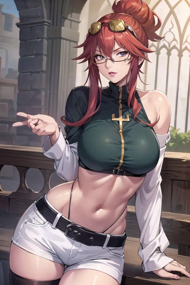 chaoscodehermes,
red hair, long hair, ponytail, lipstick,
pink_glasses:1.5), (glasses:1.5), (eyewear:1.5),
white_shorts,navel,white_long_sleeves,expose_the_shoulders,big_belt,green_crop_top,black_thighhighs,

sittting,cross legs,

---------------

(masterpiece),illustration,ray tracing,finely detailed,best detailed,Clear picture,intricate details,highlight,
photography,realistic, photorealistic,anime,

gothic architecture,
looking at viewer,

large breasts,redundant breasts,Big boobs,mature female,masterpiece,best quality,Gugu