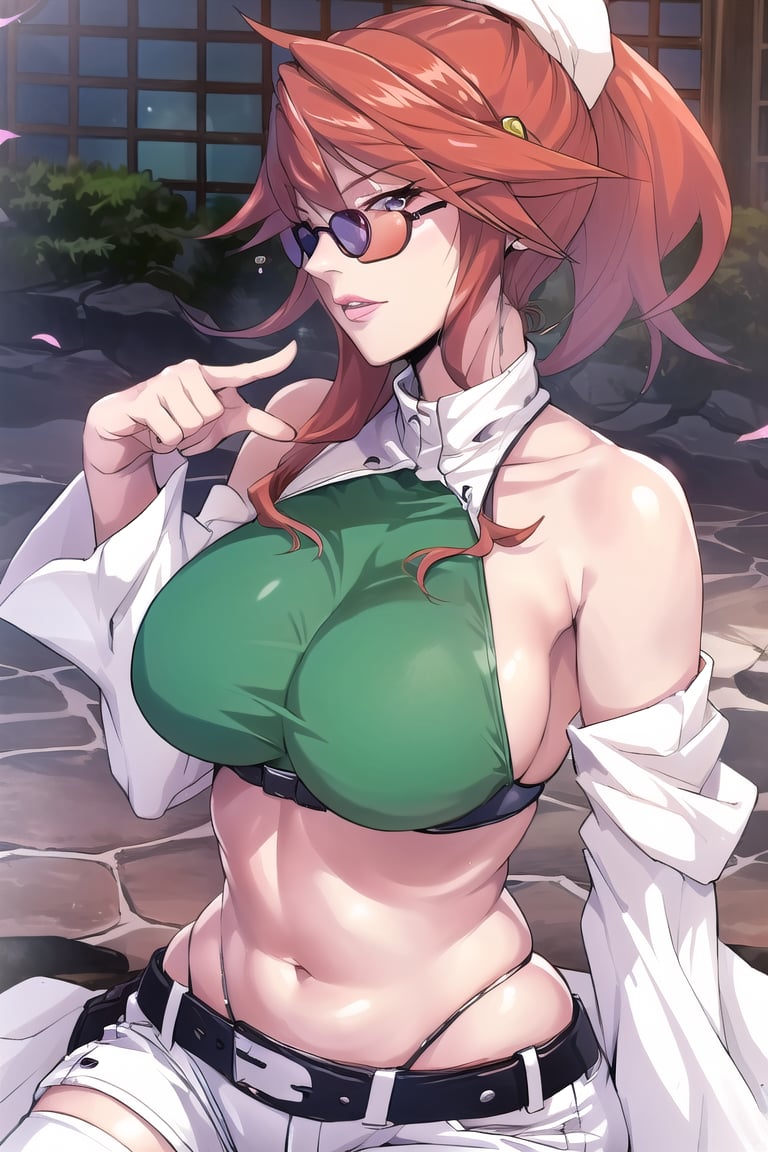 chaoscodehermes,
red hair, long hair, ponytail, lipstick,
pink_glasses:1.5), (glasses:1.5), (eyewear:1.5),
white_shorts,navel,white_long_sleeves,expose_the_shoulders,big_belt,green_crop_top,black_thighhighs,

sittting,cross legs,

---------------

(masterpiece),illustration,ray tracing,finely detailed,best detailed,Clear picture,intricate details,highlight,
photography,realistic, photorealistic,anime,

gothic architecture,
looking at viewer,

large breasts,redundant breasts,Big boobs,mature female,masterpiece,best quality