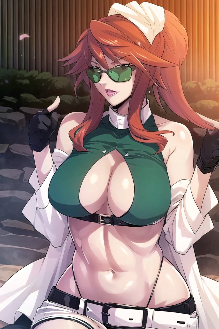 chaoscodehermes,
red hair, long hair, ponytail, lipstick,
pink_glasses:1.5), (glasses:1.5), (eyewear:1.5),
white_shorts,navel,white_long_sleeves,expose_the_shoulders,big_belt,green_crop_top,black_thighhighs,

sittting,cross legs,

---------------

(masterpiece),illustration,ray tracing,finely detailed,best detailed,Clear picture,intricate details,highlight,
photography,realistic, photorealistic,anime,

gothic architecture,
looking at viewer,

large breasts,redundant breasts,Big boobs,mature female,masterpiece,best quality