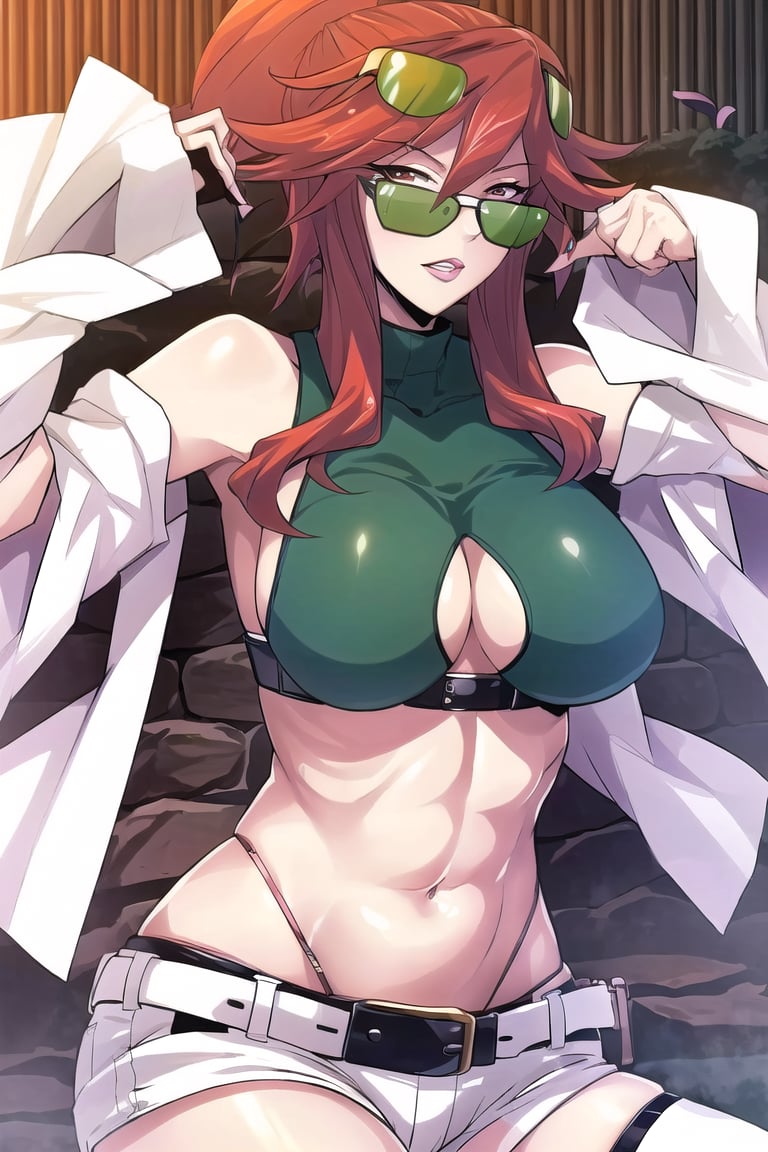 chaoscodehermes,
red hair, long hair, ponytail, lipstick,
pink_glasses:1.5), (glasses:1.5), (eyewear:1.5),
white_shorts,navel,white_long_sleeves,expose_the_shoulders,big_belt,green_crop_top,black_thighhighs,

sittting,cross legs,

---------------

(masterpiece),illustration,ray tracing,finely detailed,best detailed,Clear picture,intricate details,highlight,
photography,realistic, photorealistic,anime,

gothic architecture,
looking at viewer,

large breasts,redundant breasts,Big boobs,mature female,masterpiece,best quality