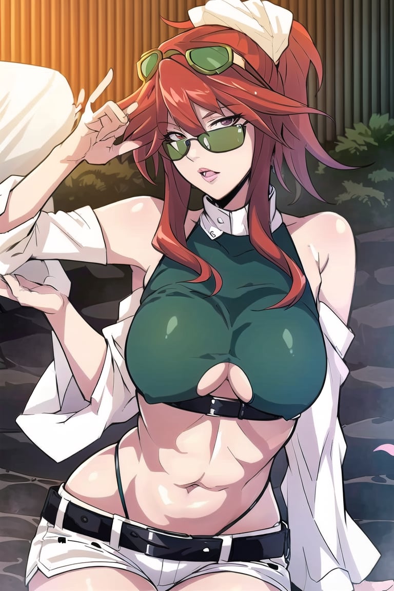 chaoscodehermes,
red hair, long hair, ponytail, lipstick,
pink_glasses:1.5), (glasses:1.5), (eyewear:1.5),
white_shorts,navel,white_long_sleeves,expose_the_shoulders,big_belt,green_crop_top,black_thighhighs,

sittting,cross legs,

---------------

(masterpiece),illustration,ray tracing,finely detailed,best detailed,Clear picture,intricate details,highlight,
photography,realistic, photorealistic,anime,

gothic architecture,
looking at viewer,

large breasts,redundant breasts,Big boobs,mature female,masterpiece,best quality