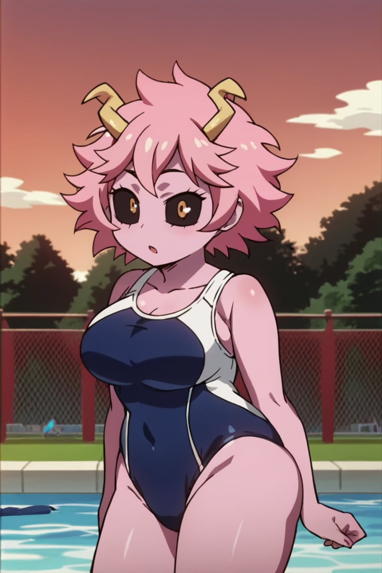 uncensored,score_9, score_8_up, score_7_up, score_6_up, score_5_up, score_4_up, BREAK source_anime, anime screencap,masterpiece, best quality, perfect scenery, perfect lighting

ashidomina, short hair, horns, (colored sclera:1.1), (black sclera:1.2), pink skin,one-piece_swimsuit,school_swimsuit, swimsuit,outdoors,pool,large breast