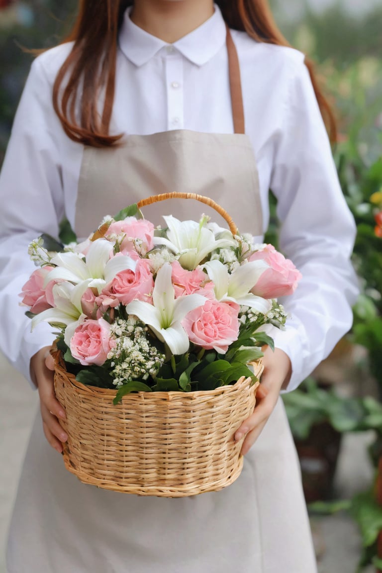 1girl, solo, shirt, long sleeves, white shirt, flower, apron, white flower, pink flower, bouquet, realistic, head out of frame, basket