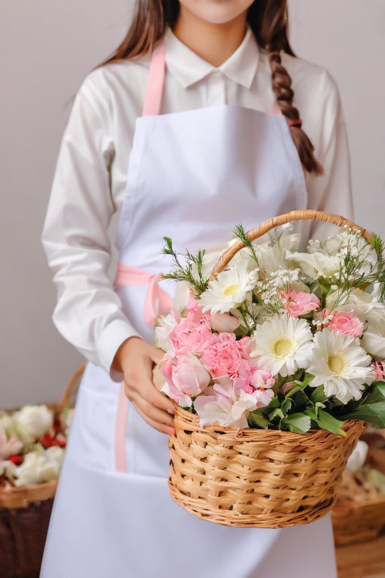 1girl, solo, shirt, long sleeves, white shirt, flower, apron, white flower, pink flower, bouquet, realistic, head in frame, basket