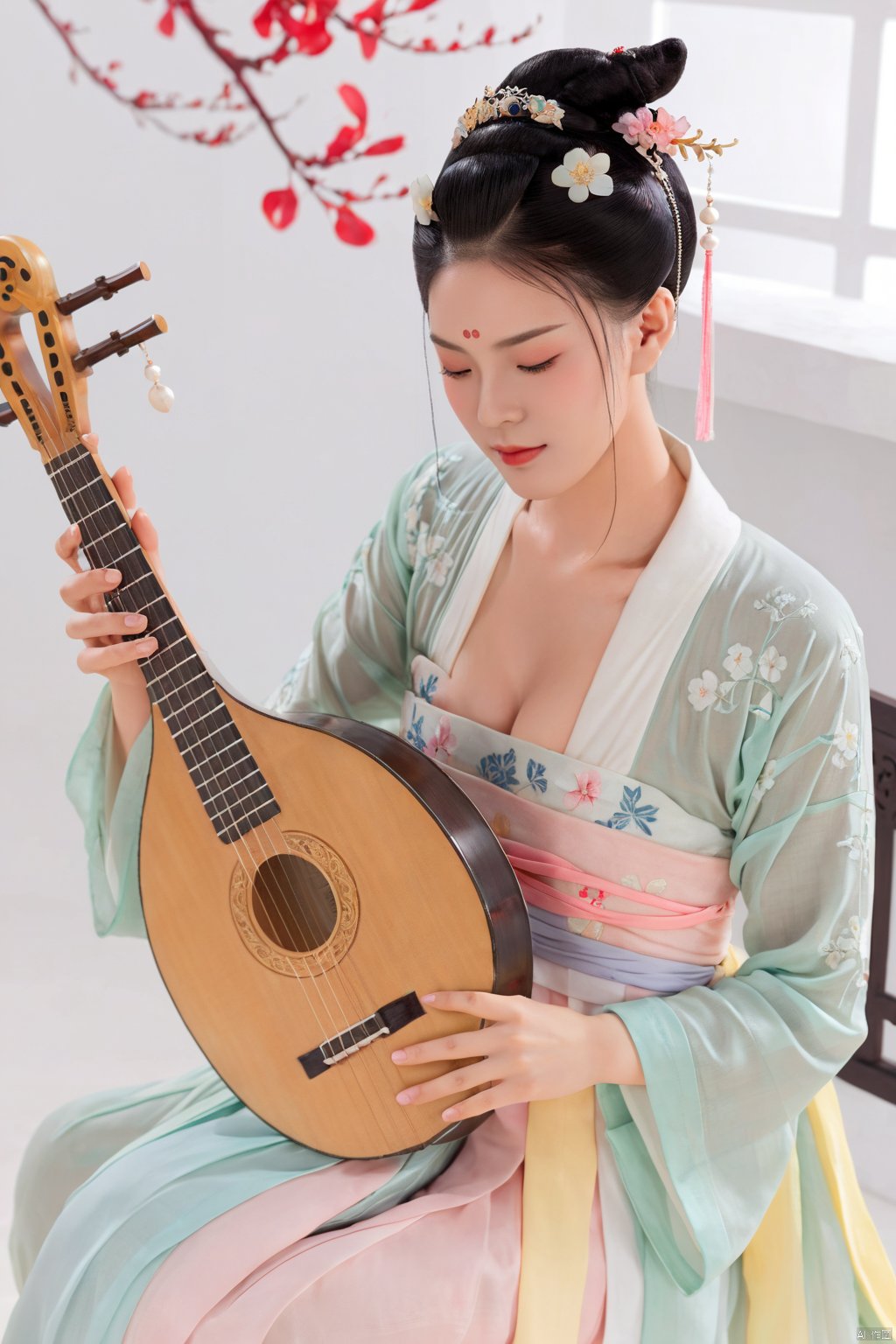  masterpiece, best quality, official art, 
1girl, solo, breasts, black hair, hair ornament, dress, cleavage, medium breasts, sitting, flower, hair flower, hair bun, petals, facial mark, chinese clothes, instrument, forehead mark, music, playing instrument, holding instrument, hanfu, lute \(instrument\)