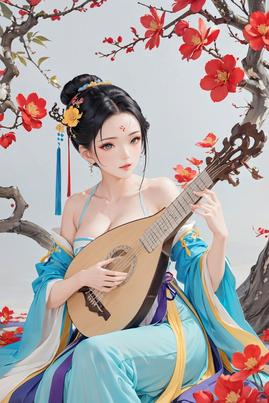  Illustration, digital art, anime style, masterpiece, best quality, official art, 1girl, solo, breasts, black hair, hair ornament, dress, cleavage, medium breasts, sitting, flower, hair flower, hair bun, petals, facial mark, chinese clothes, instrument, forehead mark, music, playing instrument, holding instrument, hanfu, lute \(instrument\)