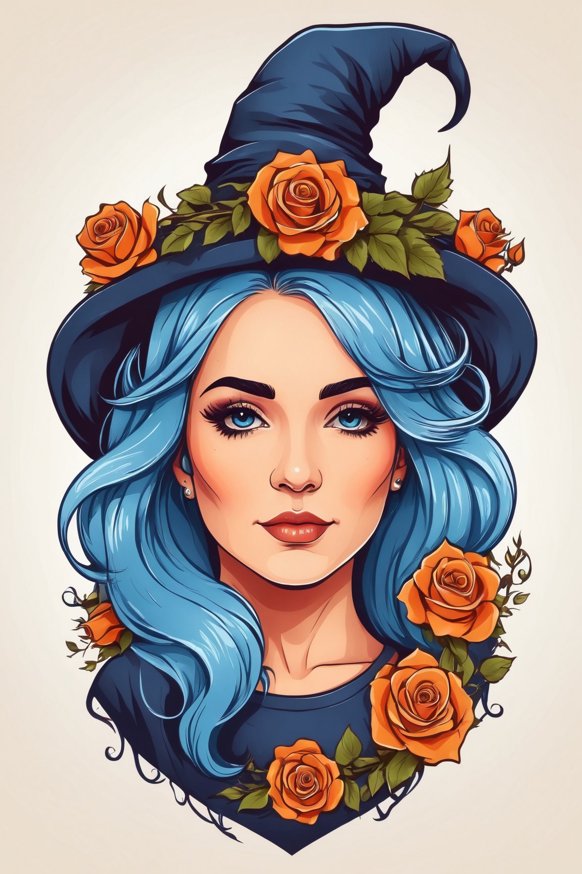 (best quality, 4k, 8k, highres, masterpiece:1.2), ultra-detailed,T-shirt design,illustration, a woman with blue hair wearing a witch hat and a rose wreath on her head,vector illustration,white background