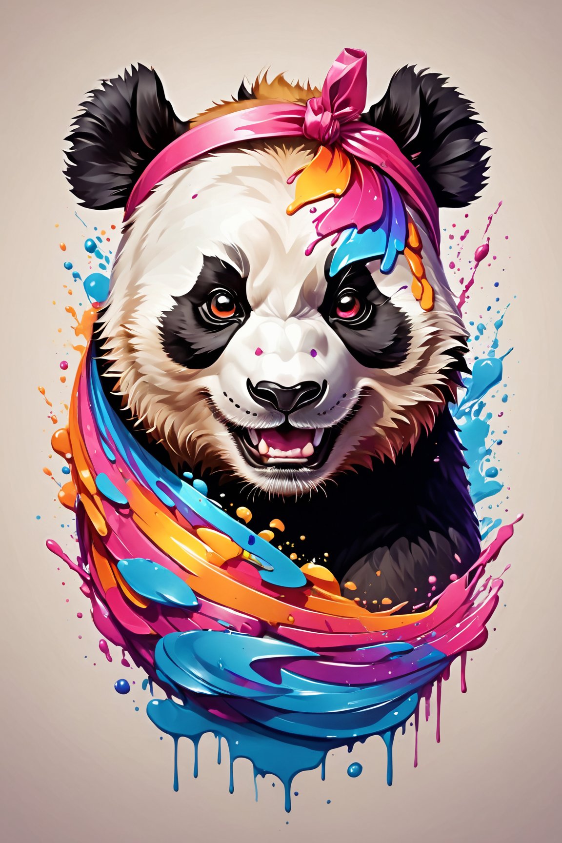 (best quality, 4k, 8k, highres, masterpiece:1.2), ultra-detailed,T-shirt design,illustration, a panda bear with a colorful headband and a splash of paint on it's face