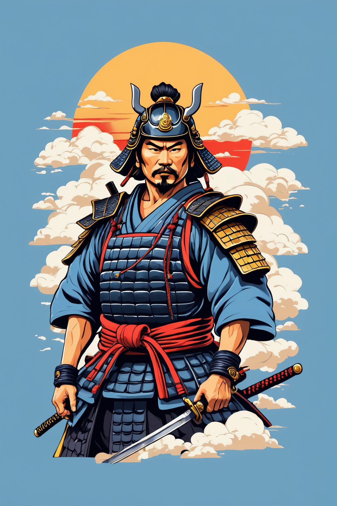 (best quality, 4k, 8k, highres, masterpiece:1.2), ultra-detailed,T-shirt design,illustration, a samurai with a helmet and a sword in his hand, surrounded by clouds and a sun