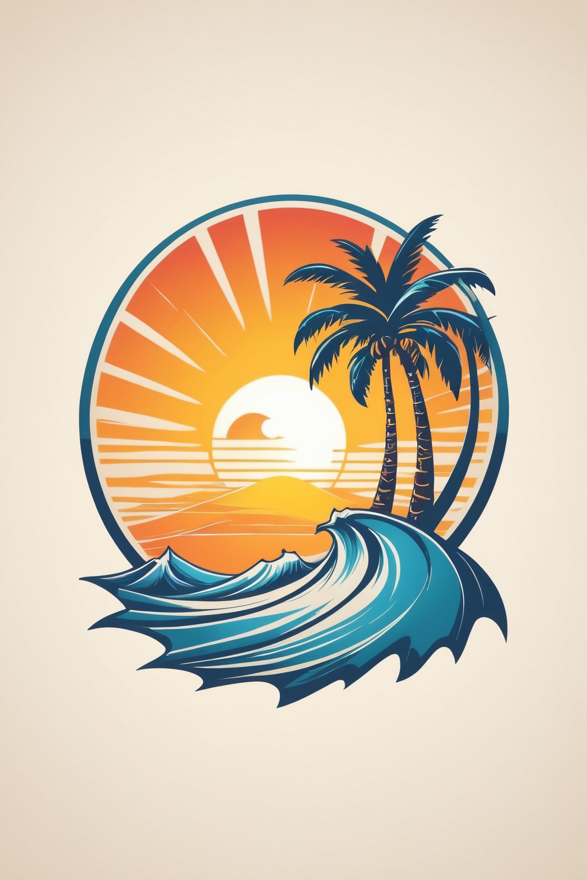 (best quality, 4k, 8k, highres, masterpiece:1.2), ultra-detailed,T-shirt design,illustration, a palm tree with a wave coming in front of it and a sun behind it,vector illustration,white background