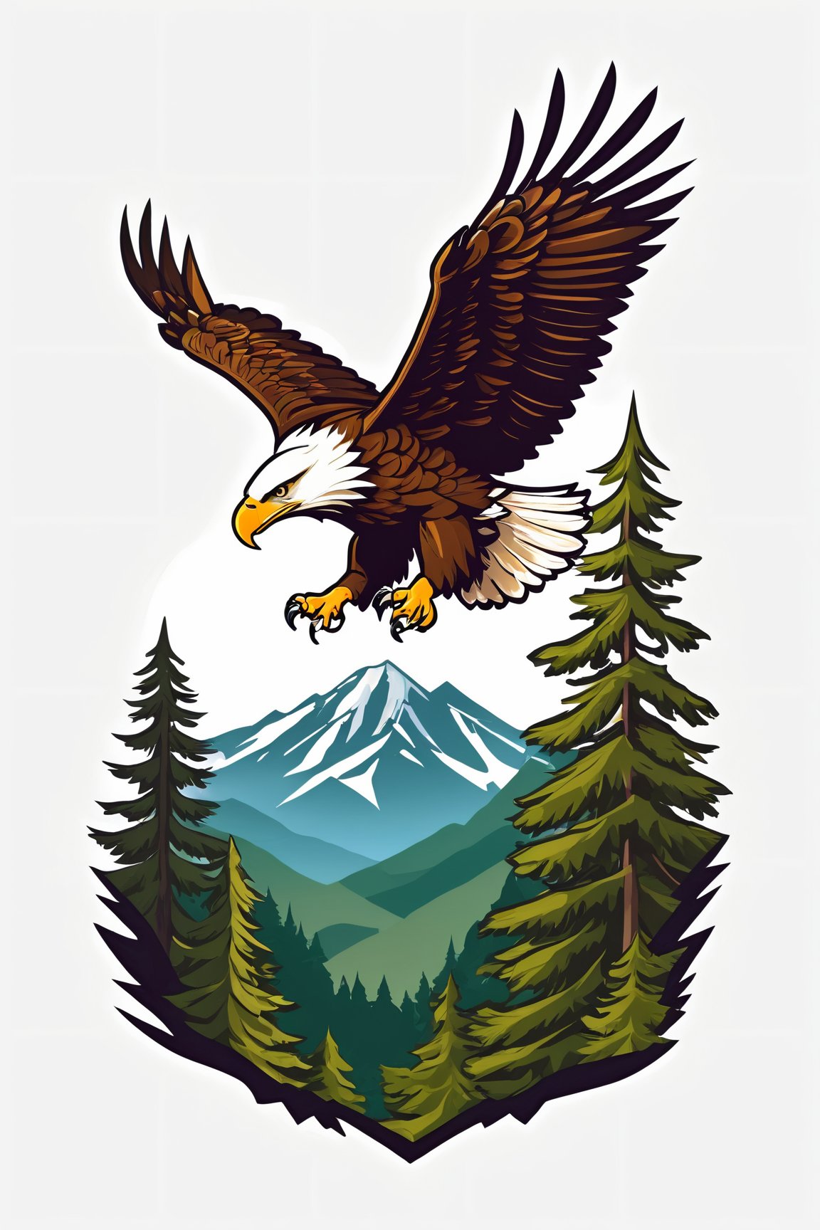 (best quality, 4k, 8k, highres, masterpiece:1.2), ultra-detailed,T-shirt design,illustration, a bald eagle flying over a forest filled with trees and mountains in the background with a mountain range,vector illustration,white background