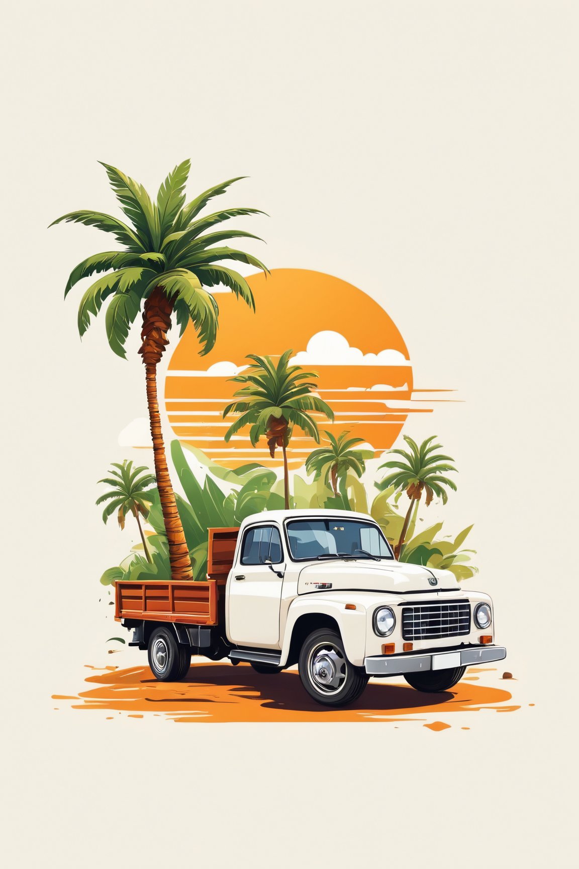 (best quality, 4k, 8k, highres, masterpiece:1.2), ultra-detailed,T-shirt design,illustration, outdoors,tree,ground vehicle,motor vehicle,palm tree,car,vehicle focus,truck,white background,vector illustration