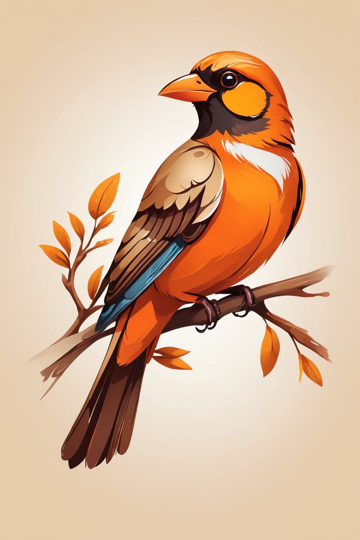 (best quality, 4k, 8k, highres, masterpiece:1.2), ultra-detailed,T-shirt design,illustration, a bird sitting on a branch with a white background and a brown and orange bird