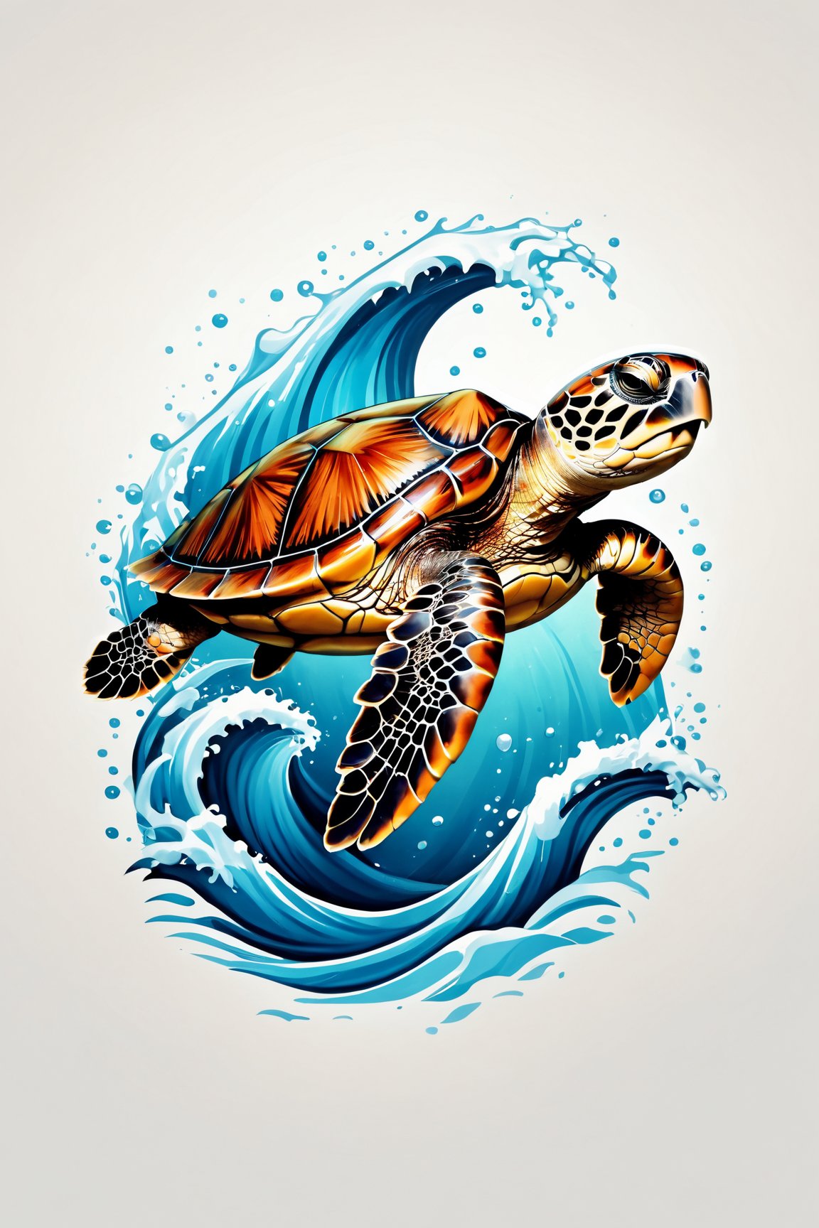 (best quality, 4k, 8k, highres, masterpiece:1.2), ultra-detailed,T-shirt design,illustration, a turtle swimming in the ocean with a wave behind it and a splash of water,white background