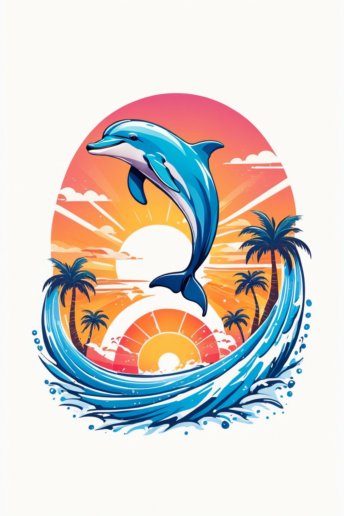 (best quality, 4k, 8k, highres, masterpiece:1.2), ultra-detailed,T-shirt design,illustration, a dolphin jumping out of the water with a sunset in the background and a palm tree,white background