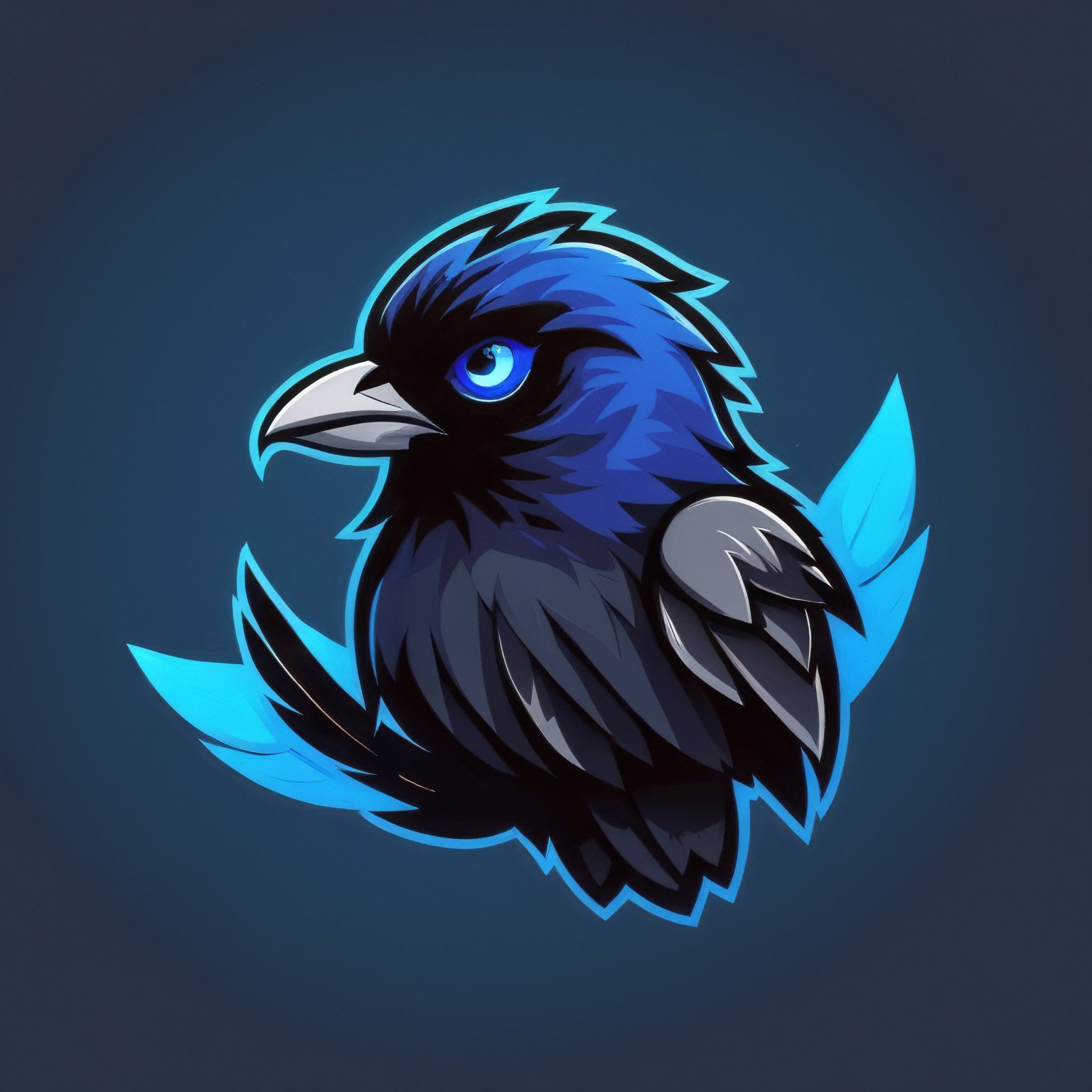(best quality, 4k, 8k, highres, masterpiece:1.2), ultra-detailed,Gaming logo design,illustration, a black bird with a blue eye and a black beak,white and black color background