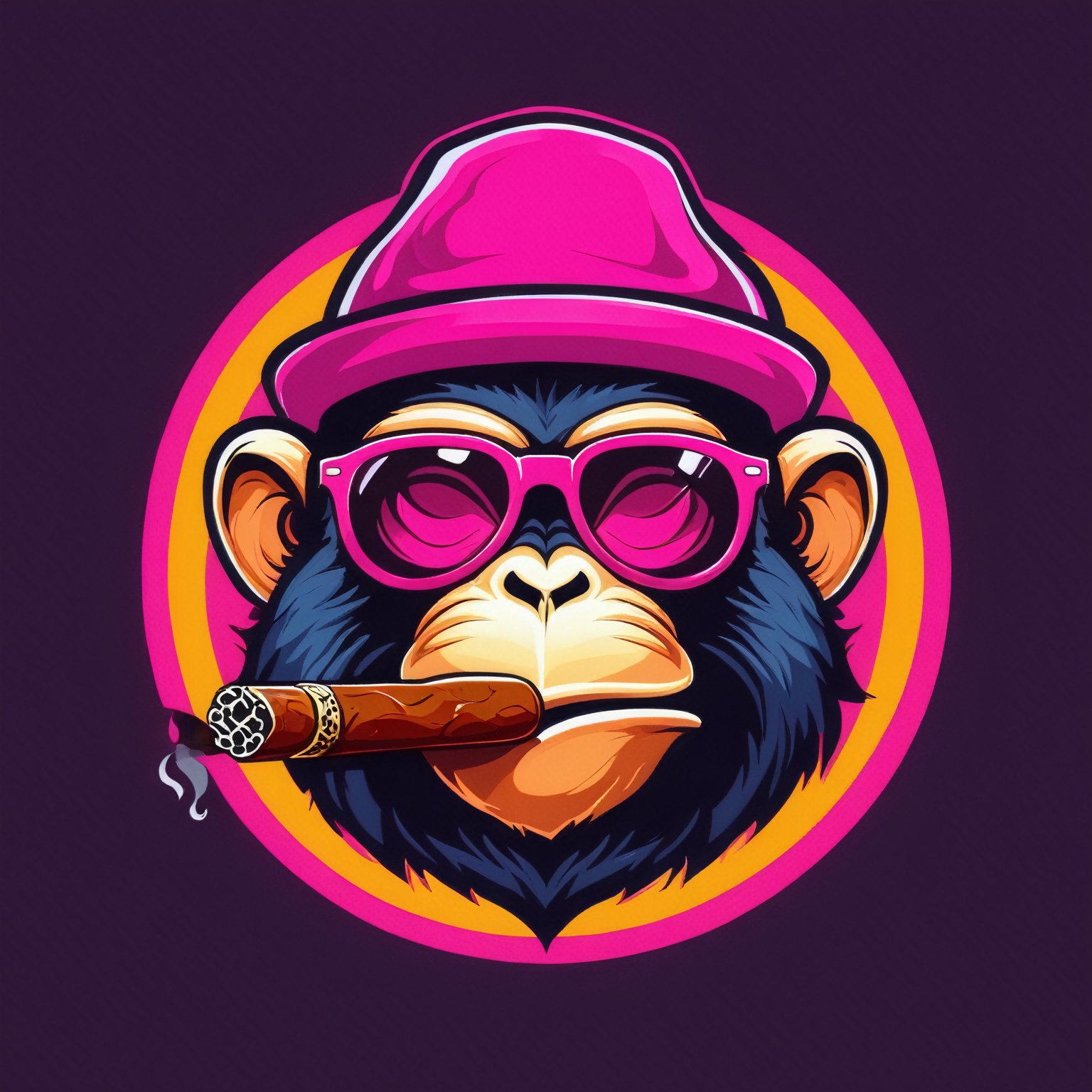(best quality, 4k, 8k, highres, masterpiece:1.2), ultra-detailed,Gaming logo design,illustration, a monkey with a pink hat and sunglasses smoking a cigar.