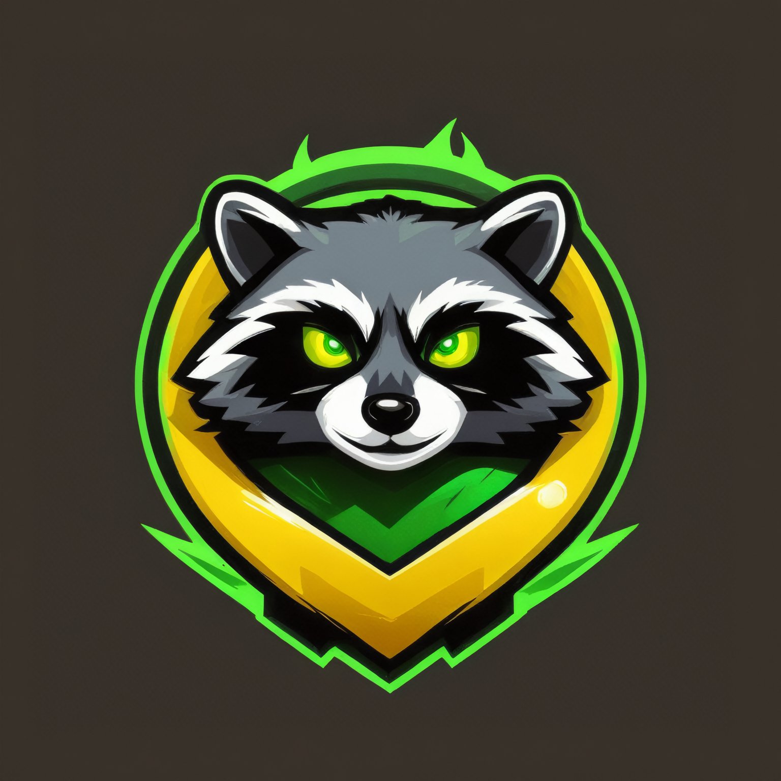 (best quality, 4k, 8k, highres, masterpiece:1.2), ultra-detailed,Gaming logo design,illustration, a raccoon logo with a green face with yellow eyes.
