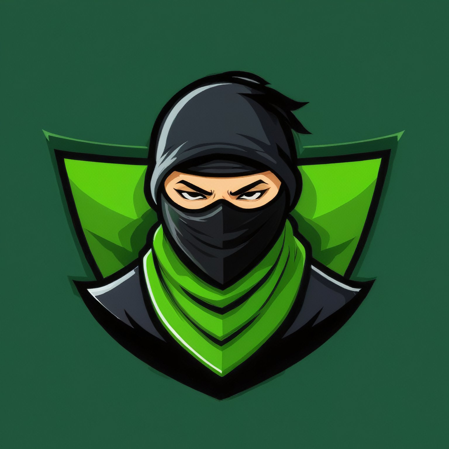 (best quality, 4k, 8k, highres, masterpiece:1.2), ultra-detailed,Gaming logo design,illustration, a ninja with a green scarf and a green scarf is under a black mask.