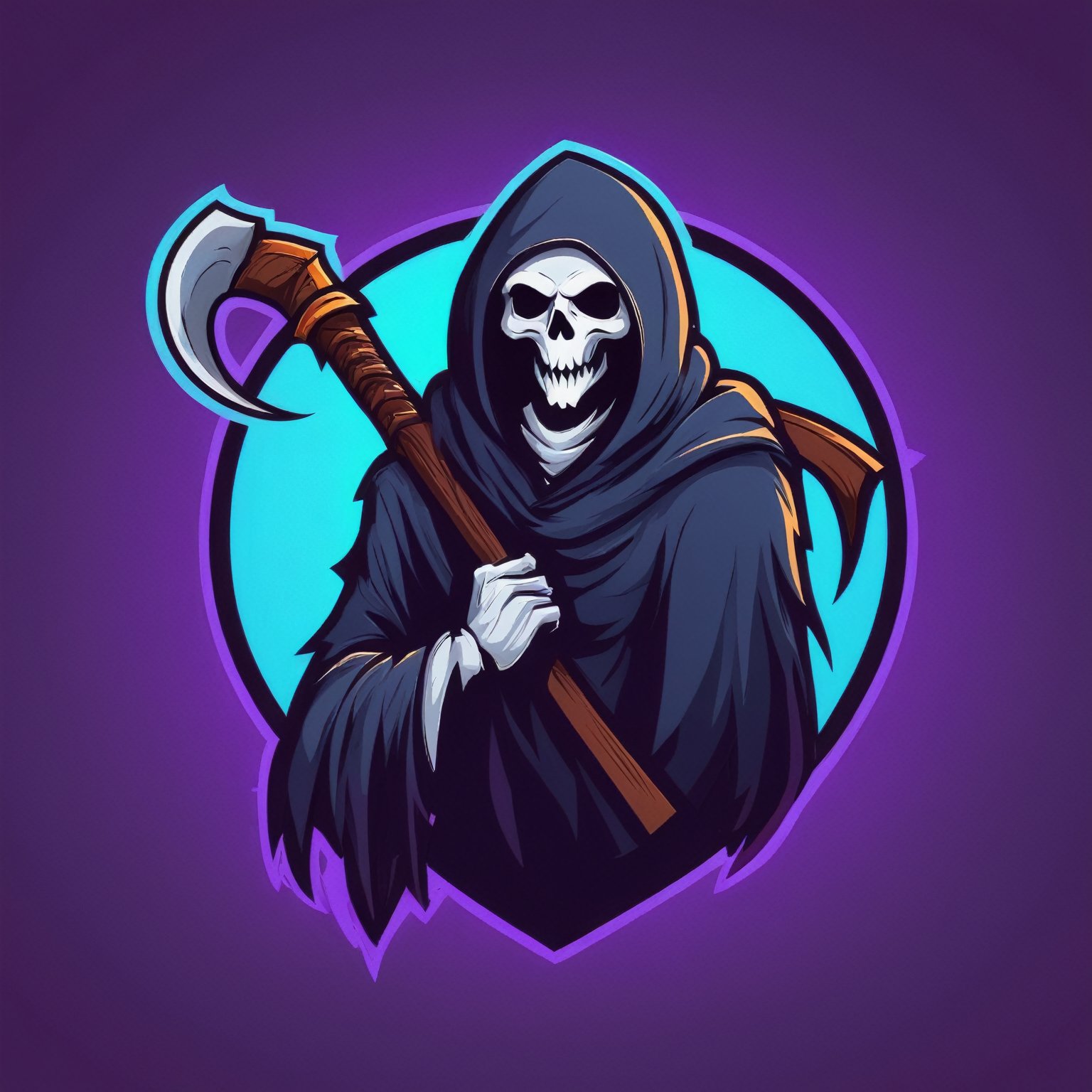 (best quality, 4k, 8k, highres, masterpiece:1.2), ultra-detailed,Gaming logo design,illustration, a grim reaper with a scythe on his shoulder,gradient color background