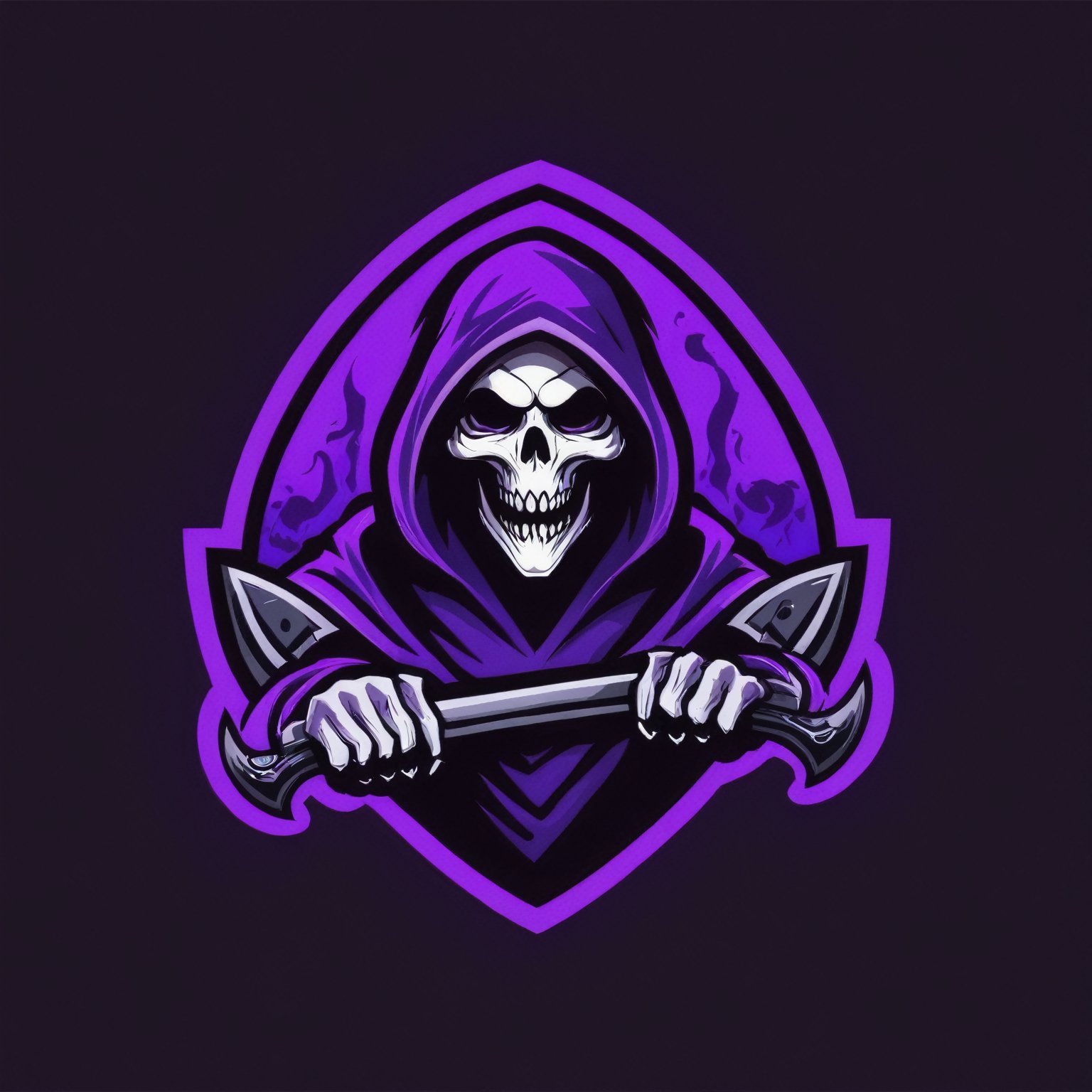 (best quality, 4k, 8k, highres, masterpiece:1.2), ultra-detailed,Gaming logo design,illustration, a purple and black illustration of a grim reaper holding a scythe.