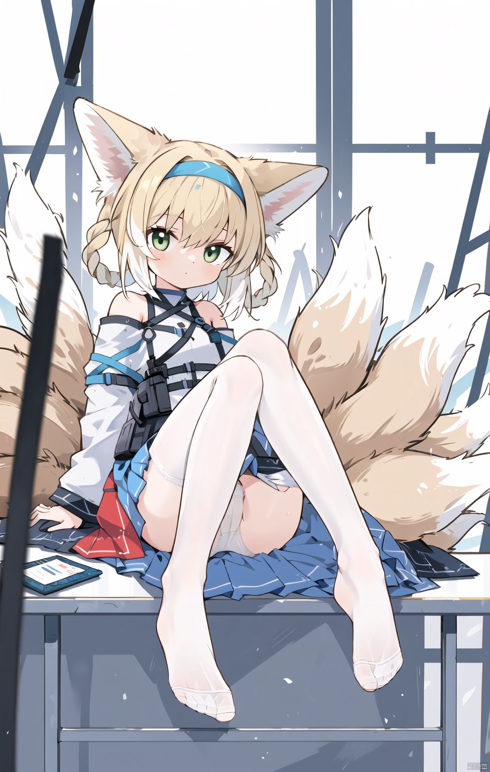  1girl, solo, looking at viewer, bangs, skirt, blonde hair, animal ears, bare shoulders, sitting, closed mouth, underwear, green eyes, panties, tail, ass, braid, white hair, pantyhose, thighs, multicolored hair, hairband, small breasts, frills, white panties, feet, animal ear fluff, legs, wrist cuffs, fox ears, toes, fox tail, no shoes, soles, clothes pull, fox girl, multiple tails, hair rings, white pantyhose, pantyhose pull, blue hairband, infection monitor \(arknights\), oripathy lesion \(arknights\), kitsune, suzuran \(arknights\)