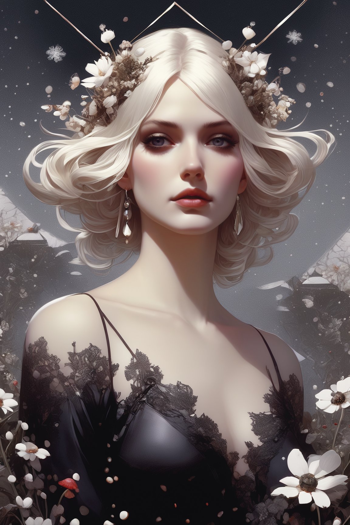 a painting of a woman with flowers on her head, concept art, by Jason Teraoka, portrait of emma frost, earrings, wyeth, white fractals, ladybugs, aerial illustration, graphic detail, (snow), artbook artwork, editorial image, nier automata concept art, ffffound, above view,d1p5comp_style