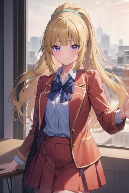 keikaruizawa, <lora:kei karuizawa s2s3-pruned-lora-nochekaiser:1>, kei karuizawa, long hair, bangs, blunt bangs, (purple eyes:1.1), blonde hair, shirt, hair ornament, ponytail, scrunchie, blue scrunchie, smile,BREAK skirt, shirt, bow, school uniform, jacket, (red jacket:1.2), pleated skirt, bowtie, sweater, (blue bow:1.2), (blue shirt:1.2),BREAK indoors, classroom,BREAK looking at viewer, (cowboy shot:1.5),BREAK <lyco:GoodHands-beta2:1>, (masterpiece:1.2), best quality, high resolution, unity 8k wallpaper, (illustration:0.8), (beautiful detailed eyes:1.6), extremely detailed face, perfect lighting, extremely detailed CG, (perfect hands, perfect anatomy),