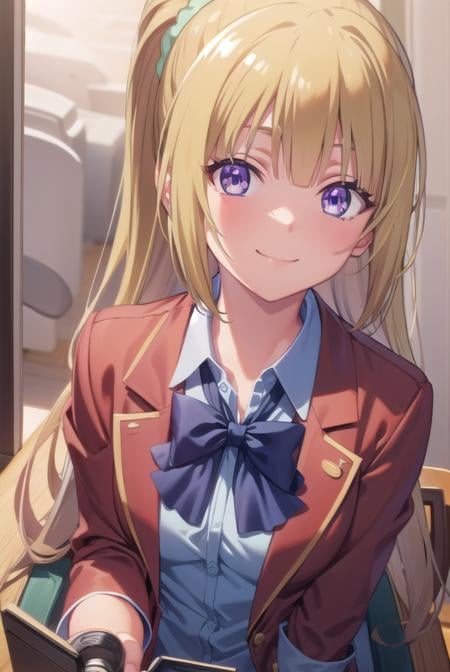 keikaruizawa, <lora:kei karuizawa s2s3-pruned-lora-nochekaiser:1>, kei karuizawa, long hair, bangs, blunt bangs, (purple eyes:1.1), blonde hair, shirt, hair ornament, ponytail, scrunchie, blue scrunchie, smile,BREAK skirt, shirt, bow, school uniform, jacket, (red jacket:1.2), pleated skirt, bowtie, sweater, (blue bow:1.2), (blue shirt:1.2),BREAK indoors, classroom,BREAK looking at viewer, (cowboy shot:1.5),BREAK <lyco:GoodHands-beta2:1>, (masterpiece:1.2), best quality, high resolution, unity 8k wallpaper, (illustration:0.8), (beautiful detailed eyes:1.6), extremely detailed face, perfect lighting, extremely detailed CG, (perfect hands, perfect anatomy),