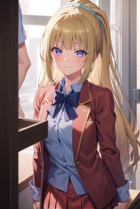 keikaruizawa, <lora:kei karuizawa s2s3-pruned-lora-nochekaiser:1>, kei karuizawa, long hair, bangs, blunt bangs, (purple eyes:1.1), blonde hair, shirt, hair ornament, ponytail, scrunchie, blue scrunchie, smile,BREAK skirt, shirt, bow, school uniform, jacket, (red jacket:1.2), pleated skirt, bowtie, sweater, (blue bow:1.2), (blue shirt:1.2),BREAK indoors, classroom,BREAK looking at viewer, (cowboy shot:1.5),BREAK <lyco:GoodHands-beta2:1>, (masterpiece:1.2), best quality, high resolution, unity 8k wallpaper, (illustration:0.8), (beautiful detailed eyes:1.6), extremely detailed face, perfect lighting, extremely detailed CG, (perfect hands, perfect anatomy),