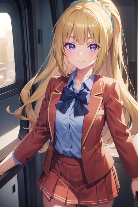 keikaruizawa, <lora:kei karuizawa s2s3-pruned-lora-nochekaiser:1>, kei karuizawa, long hair, bangs, blunt bangs, (purple eyes:1.1), blonde hair, shirt, hair ornament, ponytail, scrunchie, blue scrunchie, smile,BREAK skirt, shirt, bow, school uniform, jacket, (red jacket:1.2), pleated skirt, bowtie, sweater, (blue bow:1.2), (blue shirt:1.2),BREAK indoors, classroom,BREAK looking at viewer, (cowboy shot:1.5),BREAK <lyco:GoodHands-beta2:1>, (masterpiece:1.2), best quality, high resolution, unity 8k wallpaper, (illustration:0.8), (beautiful detailed eyes:1.6), extremely detailed face, perfect lighting, extremely detailed CG, (perfect hands, perfect anatomy),