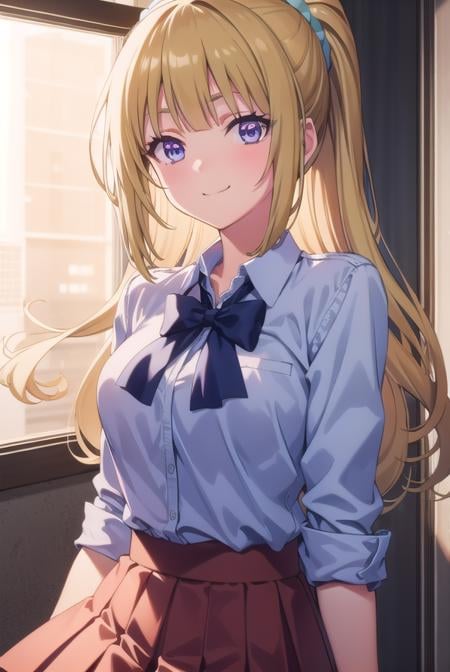 keikaruizawa, <lora:kei karuizawa s2s3-pruned-lora-nochekaiser:1>, kei karuizawa, long hair, bangs, blunt bangs, (purple eyes:1.1), blonde hair, shirt, hair ornament, ponytail, scrunchie, blue scrunchie, smile,BREAK skirt, shirt, bow, school uniform, jacket, (red jacket:1.2), pleated skirt, bowtie, sweater, (blue bow:1.2), (blue shirt:1.2),BREAK indoors, classroom,BREAK looking at viewer, (cowboy shot:1.5),BREAK <lyco:GoodHands-beta2:1>, (masterpiece:1.2), best quality, high resolution, unity 8k wallpaper, (illustration:0.8), (beautiful detailed eyes:1.6), extremely detailed face, perfect lighting, extremely detailed CG, (perfect hands, perfect anatomy),