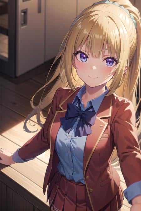 keikaruizawa, <lora:kei karuizawa s2s3-pruned-lora-nochekaiser:1>, kei karuizawa, long hair, bangs, blunt bangs, (purple eyes:1.1), blonde hair, shirt, hair ornament, ponytail, scrunchie, blue scrunchie, smile,BREAK skirt, shirt, bow, school uniform, jacket, (red jacket:1.2), pleated skirt, bowtie, sweater, (blue bow:1.2), (blue shirt:1.2),BREAK indoors, classroom,BREAK looking at viewer, (cowboy shot:1.5),BREAK <lyco:GoodHands-beta2:1>, (masterpiece:1.2), best quality, high resolution, unity 8k wallpaper, (illustration:0.8), (beautiful detailed eyes:1.6), extremely detailed face, perfect lighting, extremely detailed CG, (perfect hands, perfect anatomy),