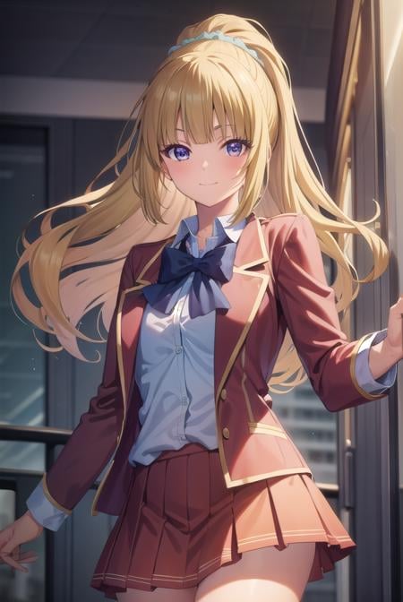 keikaruizawa, <lora:kei karuizawa s2s3-pruned-lora-nochekaiser:1>, kei karuizawa, long hair, bangs, blunt bangs, (purple eyes:1.1), blonde hair, shirt, hair ornament, ponytail, scrunchie, blue scrunchie, smile,BREAK skirt, shirt, bow, school uniform, jacket, (red jacket:1.2), pleated skirt, bowtie, sweater, (blue bow:1.2), (blue shirt:1.2),BREAK indoors, classroom,BREAK looking at viewer, (cowboy shot:1.5),BREAK <lyco:GoodHands-beta2:1>, (masterpiece:1.2), best quality, high resolution, unity 8k wallpaper, (illustration:0.8), (beautiful detailed eyes:1.6), extremely detailed face, perfect lighting, extremely detailed CG, (perfect hands, perfect anatomy),