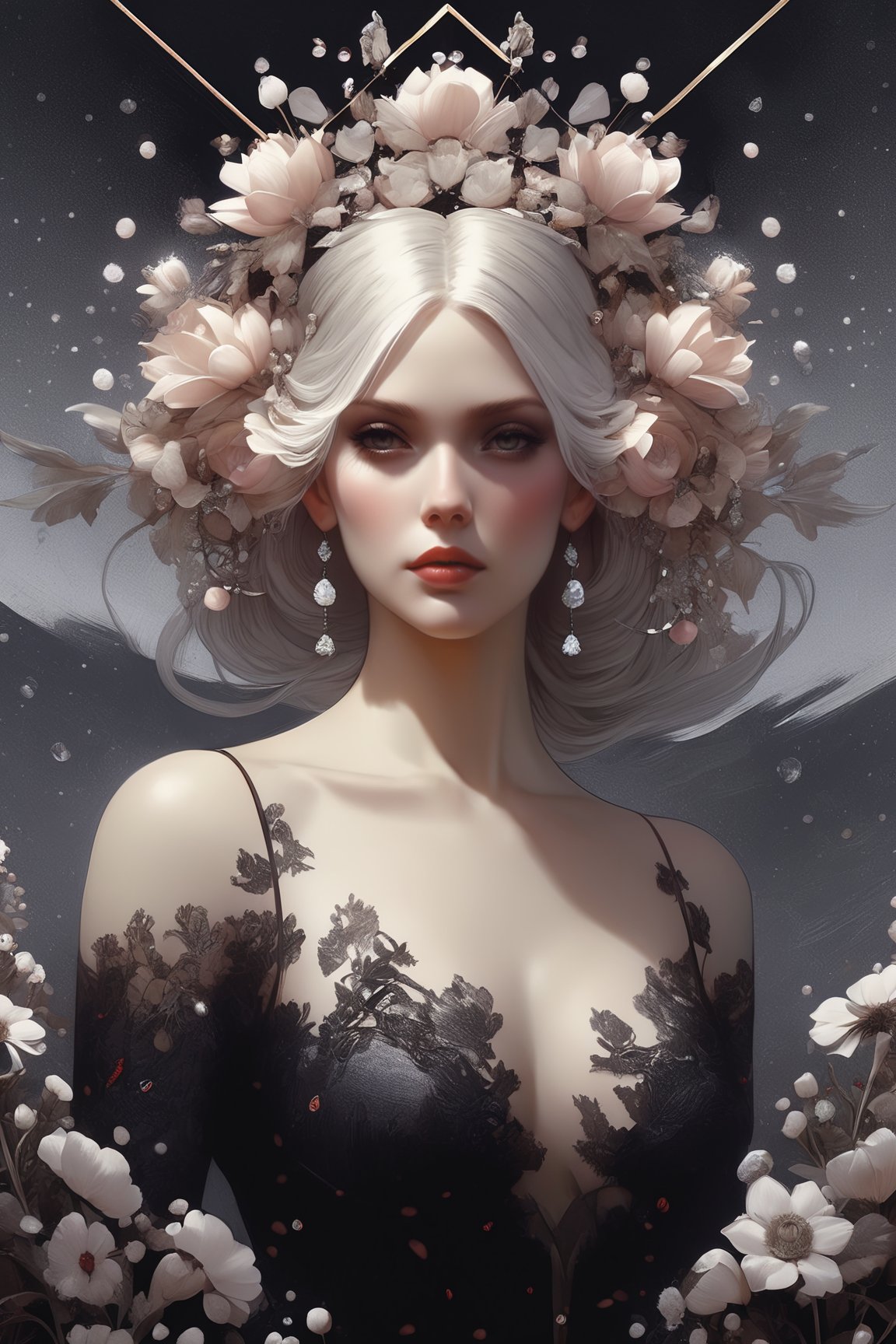 a painting of a woman with flowers on her head, concept art, by Jason Teraoka, portrait of emma frost, earrings, wyeth, white fractals, ladybugs, aerial illustration, graphic detail, (snow), artbook artwork, editorial image, nier automata concept art, ffffound, above view,d1p5comp_style