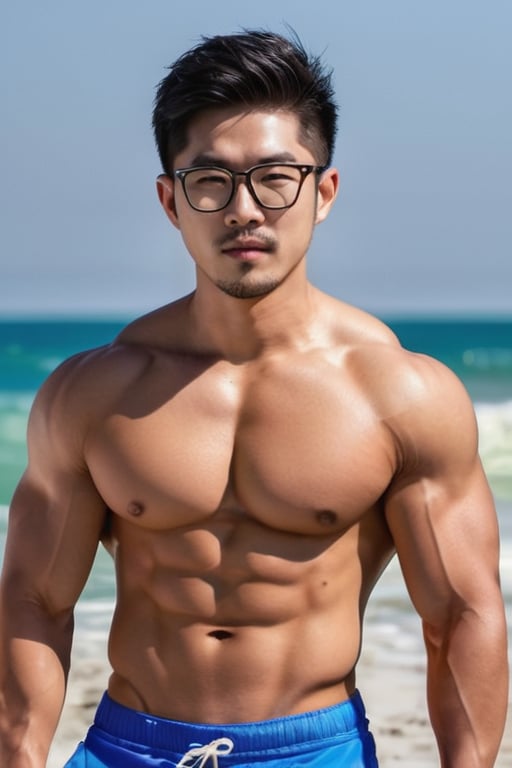 Asian man , glasses,young  , facial hair , handsome  , upper body , muscle , beach , realistic 
