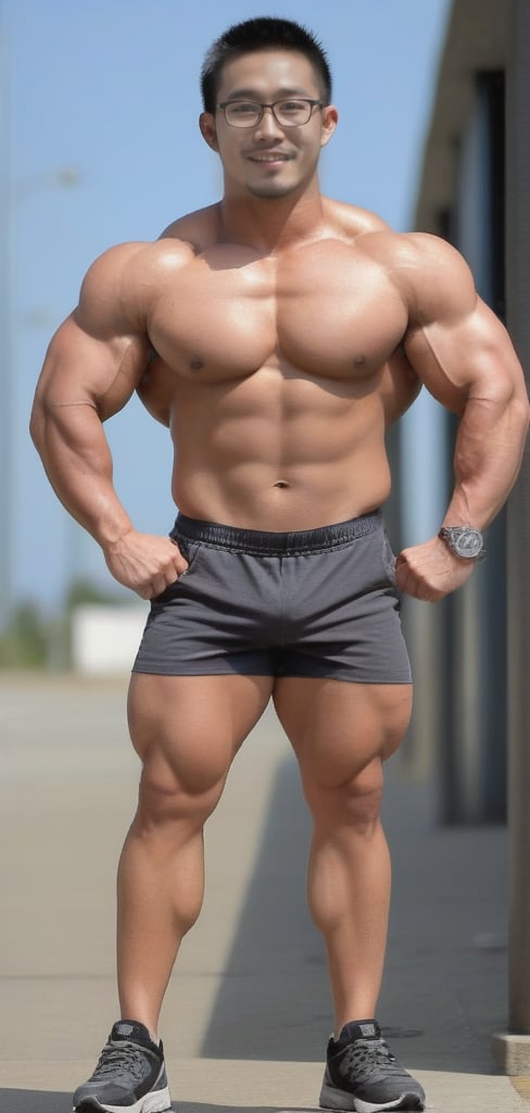 Asian man,glasses,stubble, bodybuilder, big calves,o utdoor,body hair,full body , strong leg