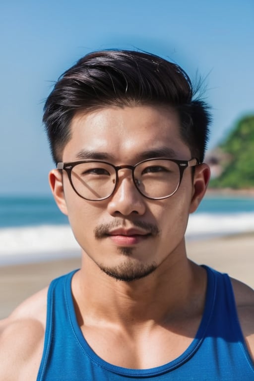 Asian man , glasses,young  , facial hair , handsome  , headshot , upper body , muscle , beach , realistic 