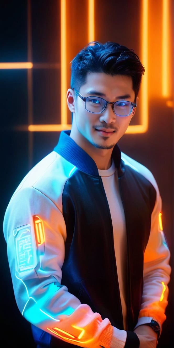 A handsome and athletic Asian man wearing a white jacket and a shirt,facial hair ,glasses, (upper body:1.2), (simple black background:1.2), (computer matrix), (digital dissolve:1.4), (cyborg), pale skin, (short hair), ((black hair)), (blue hair), (hair gradient:1.5), (glowing eyes:1.2), orange eyes, (looking at viewer), light smile, hand on own face, (black sweater, long sleeves:1.4), (masterpiece, best quality),Close mouth,
, smile, (oil shiny skin:1.3), (huge_boobs:2.4), willowy, chiseled, (hunky:2), body turn 46 degree, (perfect anatomy, prefecthand, long fingers, 4 fingers, 1 thumb), 9 head body lenth, dynamic sexy pose, breast apart, ((medium shot )), (artistic pose of a woman),photo r3al,neon style,simple background,NIJI STYLE,DonMChr0m4t3rr4XL ,DonMF41ryW1ng5XL,Strong Backlit Particles, Asian man,Cyberpunk