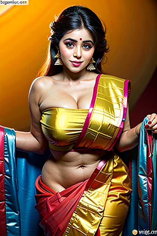 Masterpiece, Shamna Kasim, glittering red saree, plus sized, extreme hourglass, huge round chest, open chest,1girl,Shamna Kasim,Makeup,beautiful,