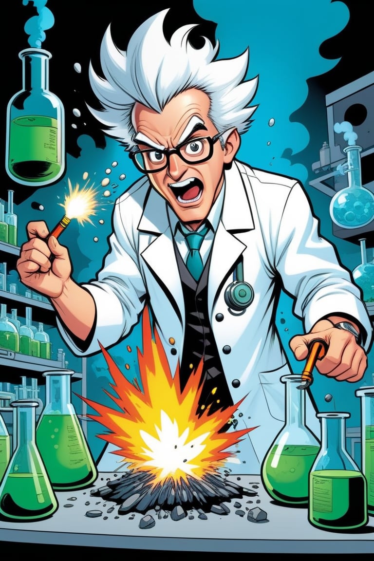 cartoonish style, a mad scientist making explosive experiences in a laboratory, highly detailed, well rendered, (caricature:0.8), comic book, vibrant