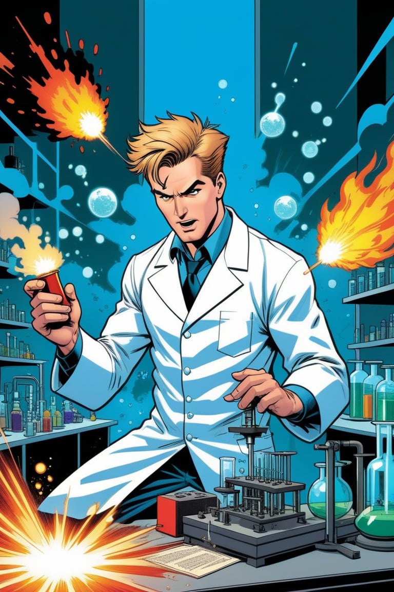 a mad scientist making explosive experiences in a laboratory, modern comic book illustration, graphic illustration, comic art, graphic novel art, vibrant, highly detailed, in the style of lanfeust of troy, art by Didier Tarquin