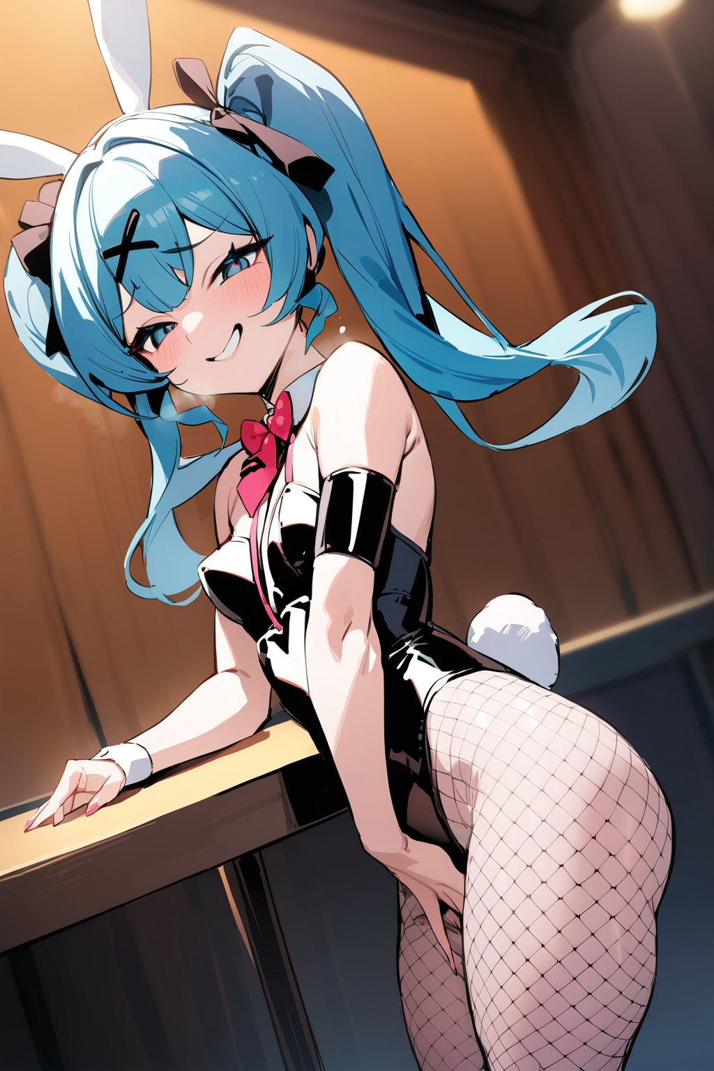 Smug, smile, best quality, masterpiece, bunnysuit, hatsune miku \(vocaloid\),fishnet pantyhose, 