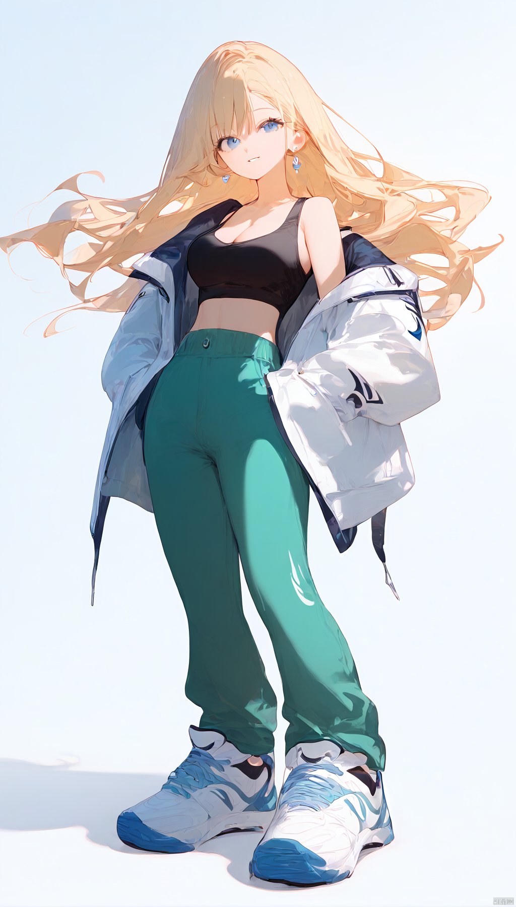  (score_9_up,score_8_up),(best quality), ((masterpiece)), (highres), illustration, original, extremely detailed . ooo, 1girl, solo, long hair, breasts, white background, full body, simple background, blonde hair, sneakers, pants, shoes, blue eyes, looking at viewer, navel, white footwear, jewelry, earrings, crop top, off shoulder, midriff, jacket, hands in pockets, bare shoulders, green pants, smile, standing, cleavage, parted lips, open clothes, tank top, medium breasts, collarbone, open jacket, floating hair, nike, white jacket