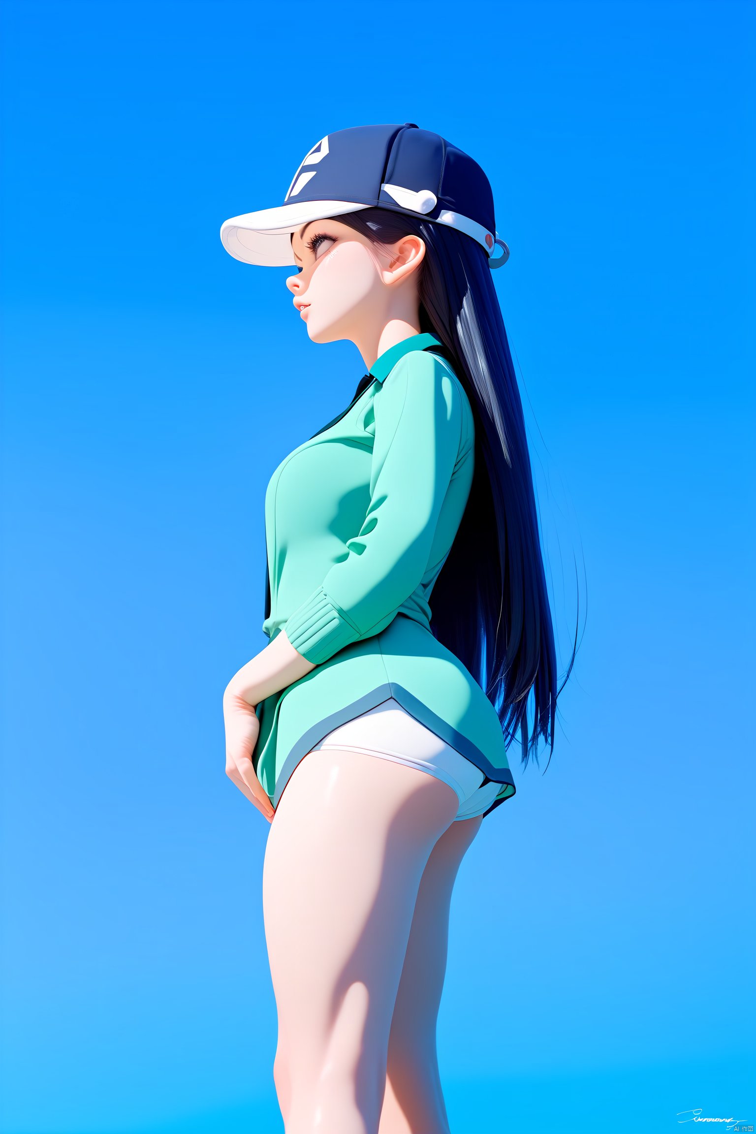  (score_9_up,score_8_up),professional 3d model ((Asian girl with the word 'sheeny' on her baseball cap)), (profile), from the Side below, black hair, long hair, green shirt, Blue background, simple background, lineart, partially colored, (chibi), Extreme, . octane render, highly detailed, volumetric, dramatic lighting,(score_9_up,score_8_up),