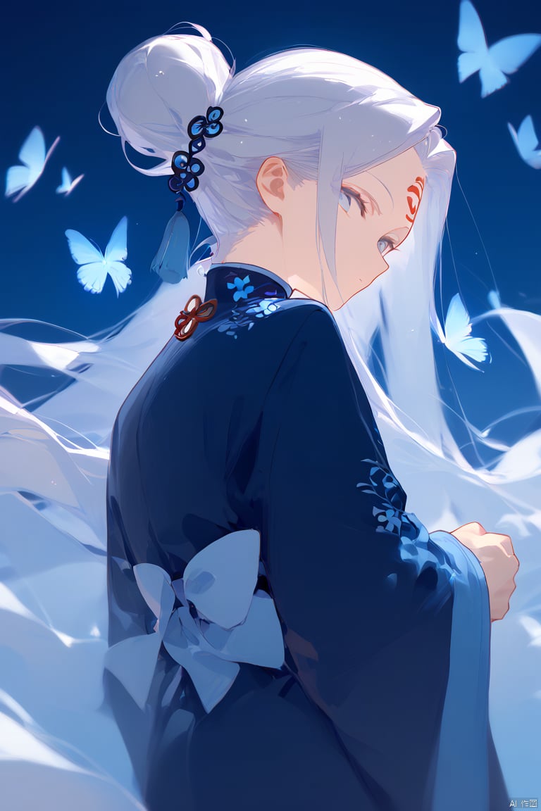  score_9, score_8_up, score_7_up, score_6_up, 1boy, solo, male focus, bug, butterfly, forehead mark, long hair, facial mark, upper body, looking back, chinese clothes, from behind, looking at viewer, flower, hanfu, profile, grey hair, sideways glance, robe, long sleeves, ponytail, hair pulled back, eyelashes, very long hair, closed mouth, white hair, hair bun