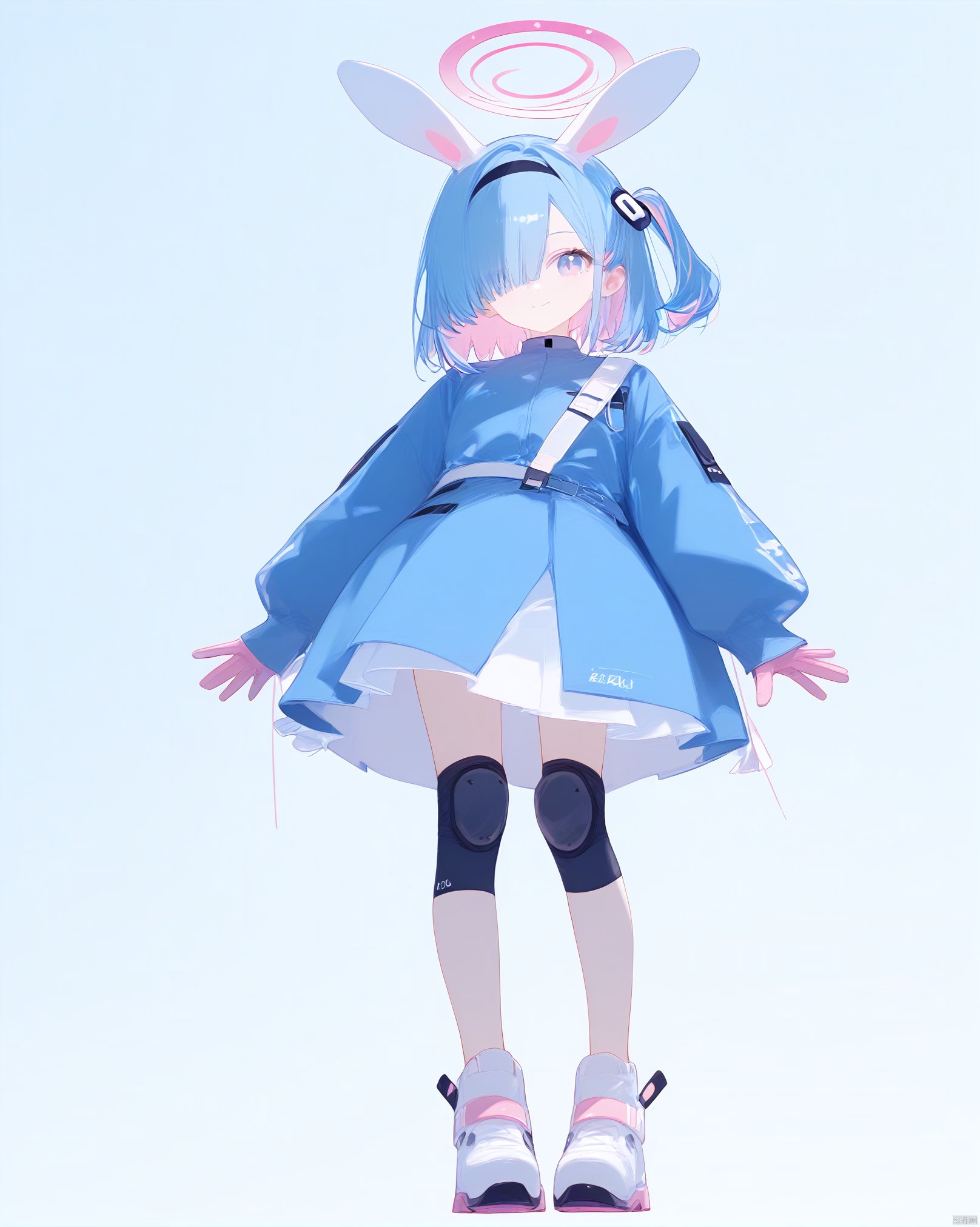 1girl, 
score_9, blue skirt, short hair, one side up, pink eyes, white hairband, pink gloves, skirt, shoes, long sleeves, blue shirt, blue hair, hairband, white background, white footwear, halo, looking at viewer, multicolored hair, rabbit ears, solo, two-tone skirt, hair over one eye, animal ears, closed mouth, smile, full body, gloves, shirt, knee pads, white skirt, standing, pink hair, simple background, streaked hair, black hairband, blue eyes